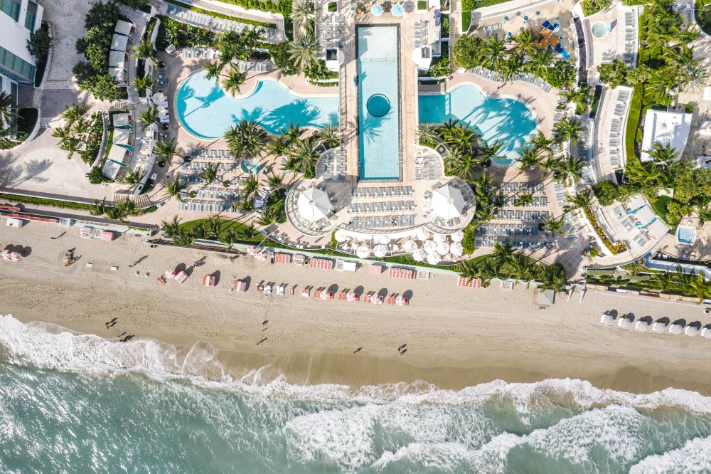 Aerial shot of the beachfront at The Diplomat Beach Resort Hollywood, Curio Collection by Hilton
