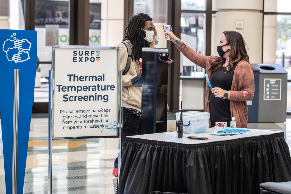 Temperature screening at Surf Expo at Orlando County Convention Center