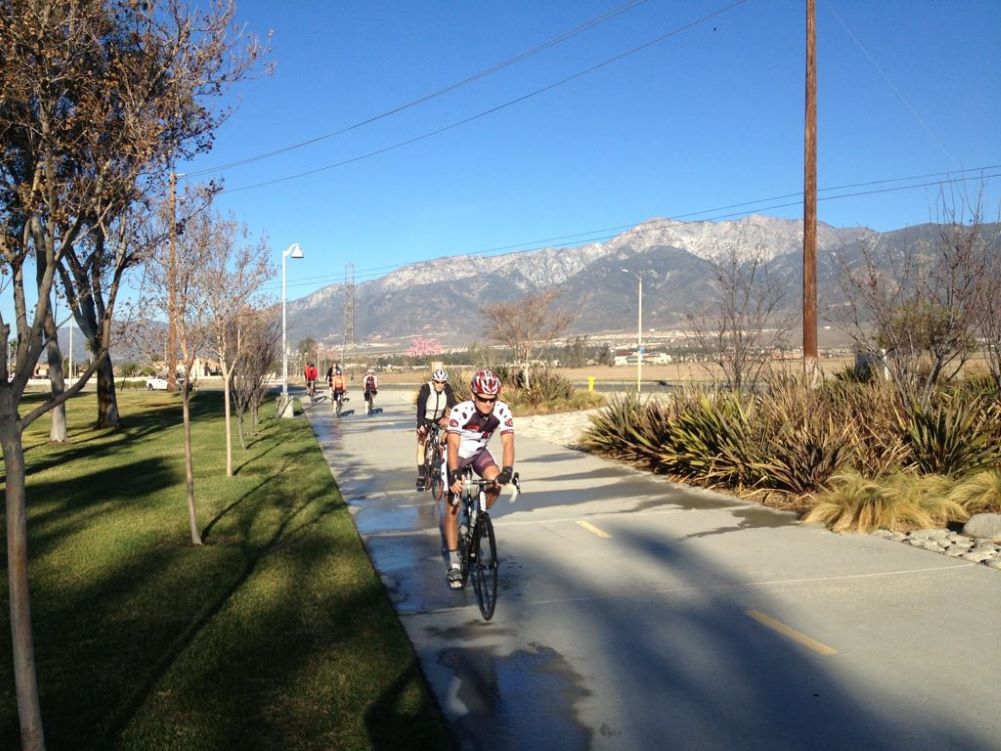 Bikers cycling along the Pacific Electric Trail in Greater Ontario, California