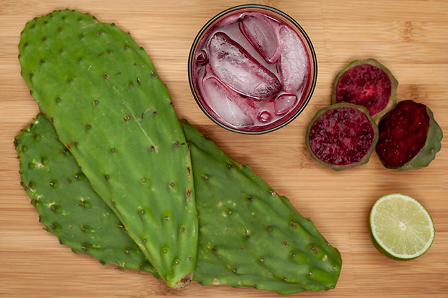 Prickly Pear Fruit Margarita Surround by Cactus Leaves, Prickly Pear and Lime
