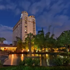 Exterior shot at night of DoubleTree by Hilton Orlando at SeaWorld